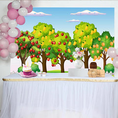 Lofaris Toile de fond de photographie verger avec arbres fruitiers et clôture blanche, arrière-plan de dessin animé pour enfants