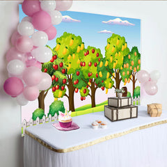 Lofaris Toile de fond de photographie verger avec arbres fruitiers et clôture blanche, arrière-plan de dessin animé pour enfants