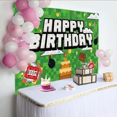 Lofaris Toile de fond d'anniversaire pixelisée avec gâteau et coffre au trésor, arrière-plan de fête pour enfants style jeu vidéo