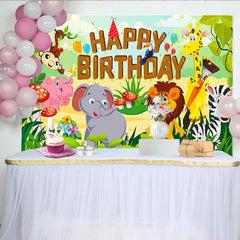 Lofaris Toile de fond joyeux anniversaire animaux de la jungle avec singe et éléphant, décor de fête tropicale pour enfants et studio photo