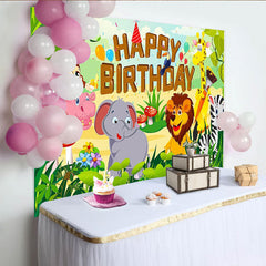 Lofaris Toile de fond joyeux anniversaire animaux de la jungle avec singe et éléphant, décor de fête tropicale pour enfants et studio photo