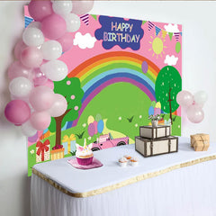 Lofaris Toile de fond anniversaire arc-en-ciel pour fille avec voiture rose et cadeaux, décor joyeux et coloré pour studio photo