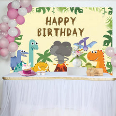 Lofaris Toile de fond joyeux anniversaire dinosaures pour enfants avec volcan et palmiers, magnifique décor de fête pour studio photo