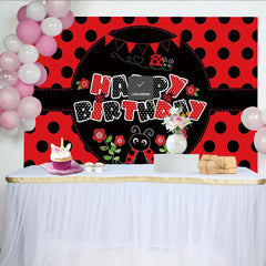 Lofaris Toile de fond joyeux anniversaire coccinelle rouge et noir à pois, arrière-plan de fête thématique pour studio photo et décoration