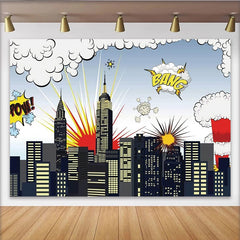 Lofaris Toile de fond de photographie style bande dessinée ville et explosions, arrière-plan de super-héros pour studio photo