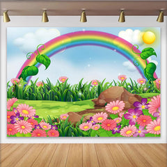 Lofaris Toile de fond de photographie paysage arc-en-ciel avec fleurs et herbe verte, décor printanier lumineux pour studio photo