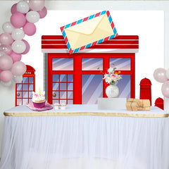 Lofaris Toile de fond de photographie thème poste avec cabine téléphonique rouge et boîte aux lettres, décor de studio photo dessin animé