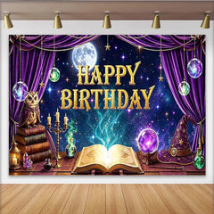 Lofaris Toile de fond pour anniversaire de sorcier avec chouette et lune, magnifique arrière-plan violet pour studio photo et fête d'enfants
