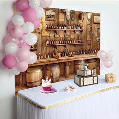 Lofaris Toile de fond de photographie western bar saloon avec crâne de taureau, ambiance vintage et tonneaux en bois pour studio photo