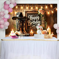 Lofaris Toile de fond anniversaire western avec bottes et chapeau, décor rustique en bois avec roses et bougies pour studio photo