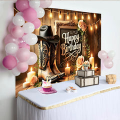 Lofaris Toile de fond anniversaire western avec bottes et chapeau, décor rustique en bois avec roses et bougies pour studio photo