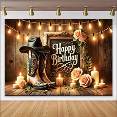 Lofaris Toile de fond anniversaire western avec bottes et chapeau, décor rustique en bois avec roses et bougies pour studio photo
