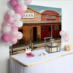 Lofaris Toile de fond de photographie western banque et saloon, décor rustique Far West avec roues de chariot pour studio photo