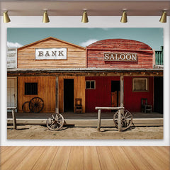 Lofaris Toile de fond de photographie western banque et saloon, décor rustique Far West avec roues de chariot pour studio photo