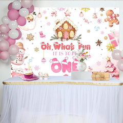 Lofaris Toile de fond pour 1er anniversaire fille Noël rose, joli arrière-plan de fête avec père Noël et bonhomme de neige