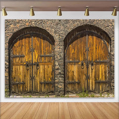 Lofaris Toile de fond de photographie portes en bois rustique avec arches en pierre, arrière-plan vintage pour studio photo professionnel