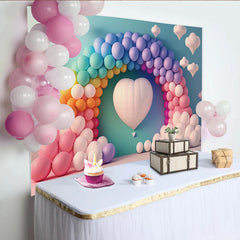 Lofaris Toile de fond pour anniversaire arche de ballons arc-en-ciel et cœur, magnifique décor pastel pour fête d'enfants