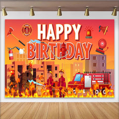 Lofaris Toile de fond pour anniversaire pompier avec camion de pompiers et flammes, décor de fête pour enfants et studio photo