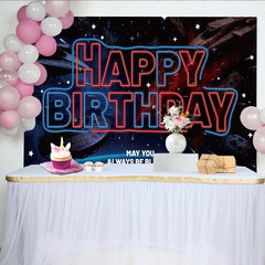Lofaris Toile de fond joyeux anniversaire néon espace avec vaisseaux spatiaux et étoiles, magnifique décor de fête galactique pour studio photo