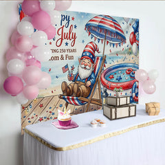 Lofaris Toile de fond joyeuse pour la Fête de l'Indépendance avec gnome et décor patriotique, arrière-plan de plage estival pour célébration