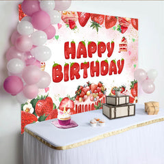 Lofaris Toile de fond pour anniversaire fraises et gourmandises, rose et joyeuse, magnifique décor de fête pour studio photo