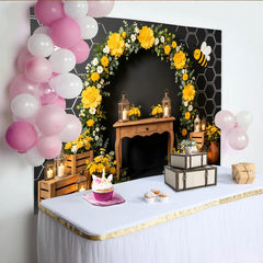 Lofaris Toile de fond pour anniversaire abeille avec fleurs jaunes et nid d'abeille, élégant décor de fête pour séance photo