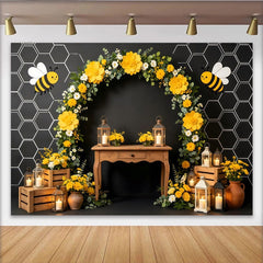 Lofaris Toile de fond pour anniversaire abeille avec fleurs jaunes et nid d'abeille, élégant décor de fête pour séance photo