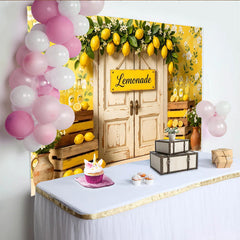 Lofaris Toile de fond de photographie stand de limonade jaune et floral, arrière-plan d'été rustique avec porte en bois pour studio