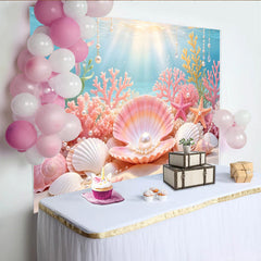 Lofaris Toile de fond de photographie sous-marine avec coquillage rose, perles et coraux, magnifique arrière-plan océanique pour studio photo