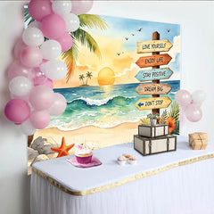 Lofaris Toile de fond de photographie plage tropicale coucher de soleil aquarelle, magnifique arrière-plan avec panneau inspirant pour studio