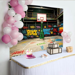 Lofaris Toile de fond de photographie urbaine graffiti coloré terrain de basket, arrière-plan dynamique pour studio photo et événement sportif