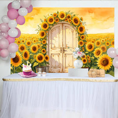 Lofaris Toile de fond de photographie champ de tournesols lumineux et porte en bois rustique, arrière-plan d'été style aquarelle pour studio