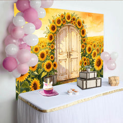 Lofaris Toile de fond de photographie champ de tournesols lumineux et porte en bois rustique, arrière-plan d'été style aquarelle pour studio
