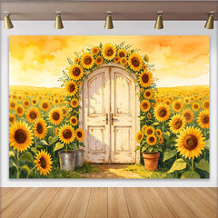 Lofaris Toile de fond de photographie champ de tournesols lumineux et porte en bois rustique, arrière-plan d'été style aquarelle pour studio