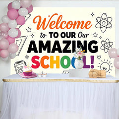 Lofaris Toile de fond bienvenue à l'école avec fournitures et science, arrière-plan éducatif coloré pour studio photo et événement