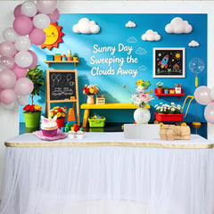 Lofaris Fond photo enfant mur bleu ciel avec soleil et jouets colorés, magnifique arrière-plan pour studio photo et salle de jeux