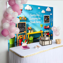 Lofaris Fond photo enfant mur bleu ciel avec soleil et jouets colorés, magnifique arrière-plan pour studio photo et salle de jeux