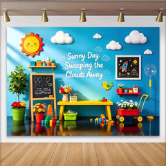Lofaris Fond photo enfant mur bleu ciel avec soleil et jouets colorés, magnifique arrière-plan pour studio photo et salle de jeux