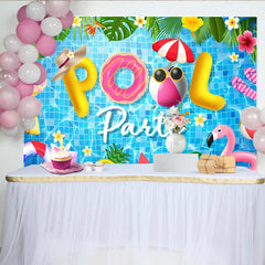 Lofaris Toile de fond pour fête de piscine avec flamant rose et ballons gonflables, magnifique décor d'été tropical pour studio photo