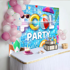 Lofaris Toile de fond fête à la piscine estivale avec parasol et bouées, magnifique décor de vacances pour photographie et célébration