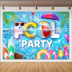 Lofaris Toile de fond fête à la piscine estivale avec parasol et bouées, magnifique décor de vacances pour photographie et célébration