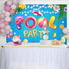Lofaris Toile de fond anniversaire piscine avec bouées colorées et fleurs tropicales, magnifique décor de fête d'été pour enfants et adultes
