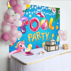 Lofaris Toile de fond anniversaire piscine avec bouées colorées et fleurs tropicales, magnifique décor de fête d'été pour enfants et adultes