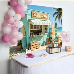Lofaris Toile de fond de photographie plage tropicale surf shop et palmiers, magnifique arrière-plan estival pour studio photo et événement