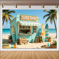 Lofaris Toile de fond de photographie plage tropicale surf shop et palmiers, magnifique arrière-plan estival pour studio photo et événement