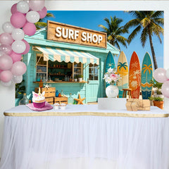 Lofaris Toile de fond de photographie plage tropicale avec boutique de surf et palmiers, arrière-plan estival pour studio photo