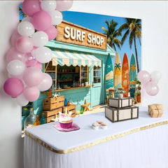 Lofaris Toile de fond de photographie plage tropicale avec boutique de surf et palmiers, arrière-plan estival pour studio photo