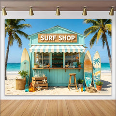 Lofaris Toile de fond de photographie boutique de surf turquoise et palmiers, arrière-plan de plage estivale pour studio photo et décoration