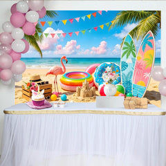 Lofaris Toile de fond de photographie scène estivale avec flamant rose et planches de surf, arrière-plan tropical vibrant pour fête