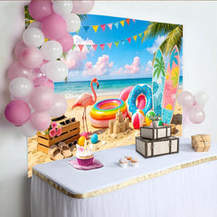 Lofaris Toile de fond de photographie scène estivale avec flamant rose et planches de surf, arrière-plan tropical vibrant pour fête